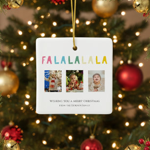 Pastel Christmas Quote Fa La La 3 Photo Collage Ceramic Ornament