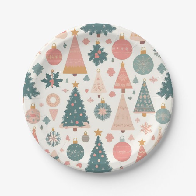 Pastel Christmas Tree Ornaments Holiday Paper Plate (Front)
