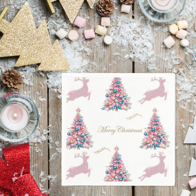 Pastel Christmas Trees and Reindeer Christmas Napkin (Pastel Christmas Trees and Reindeer Christmas Paper Napkins by the Olde Christmas Shoppe)