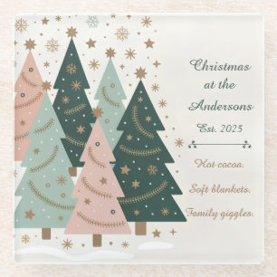 Pastel Christmas Trees Personalised Holiday Glass Coaster