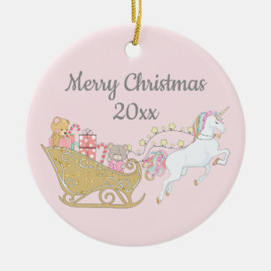 Pastel Christmas Unicorn Santa's Sleigh Pink Ceramic Tree Decoration