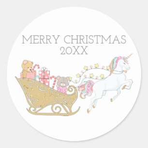 Pastel Christmas Unicorn Santa's Sleigh White Classic Round Sticker