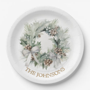 Pastel Christmas Wreath & Custom Name Paper Plates