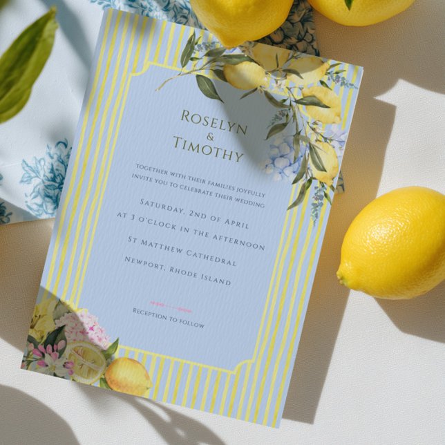 Pastel Citrus Blue Watercolor Floral Wedding Invitation (Creator Uploaded)