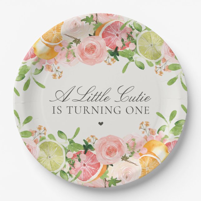 Pastel Citrus Floral Little Cutie Baby Shower Paper Plate (Front)