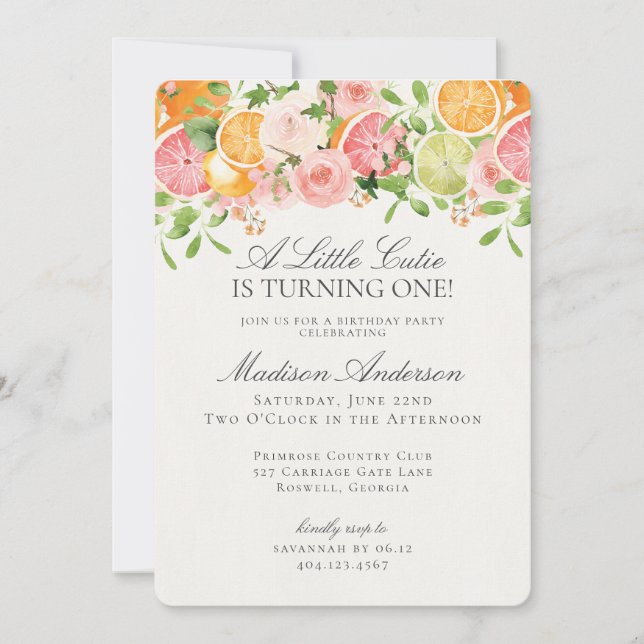 Pastel Citrus Floral Little Cutie Birthday Party Invitation (Front)