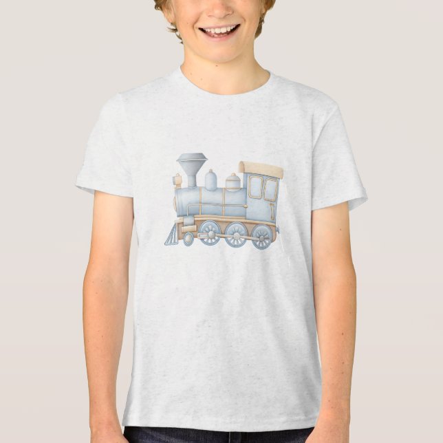 Pastel Classic Steam Train Engine Illustration Tri-Blend Shirt (Front)