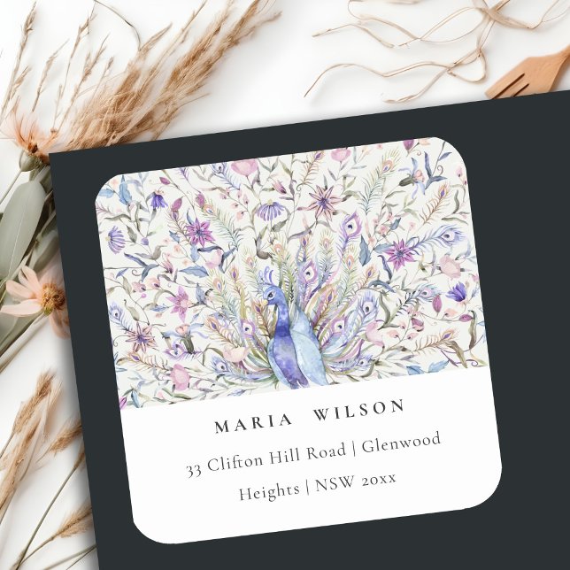 Pastel Classy Ornate Watercolor Peacock Address Square Sticker (Creator Uploaded)