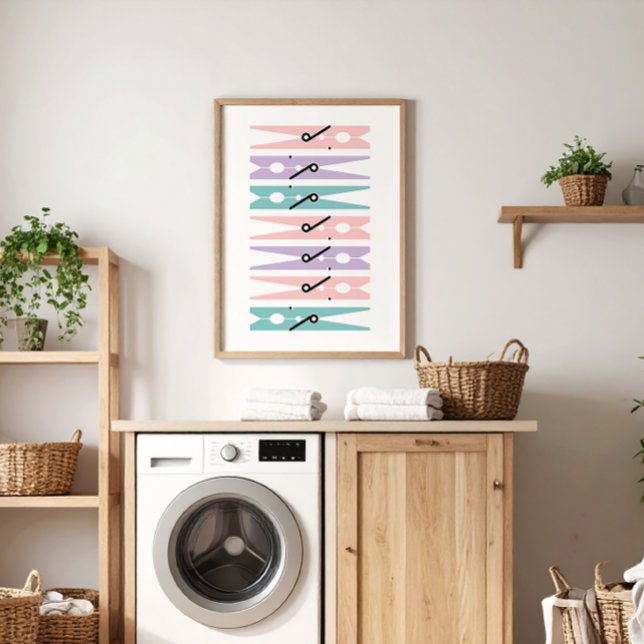 Pastel Clothes Pins Laundry Room Art Poster (pretty pastel pink, lilac and teal on white modern graphic clothes pins art for a fun laundry room)