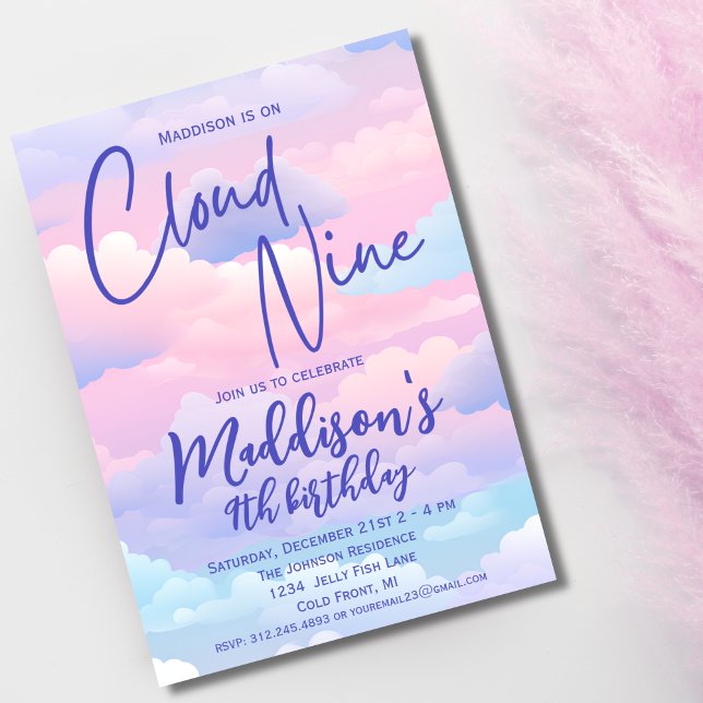 Pastel Cloud 9 Girls 9th Birthday Invitation (Creator Uploaded)