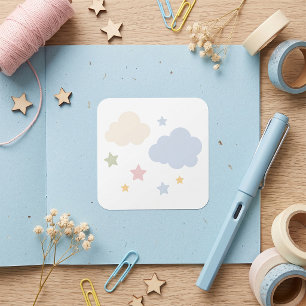 Pastel Clouds and Stars Baby Shower Square Sticker