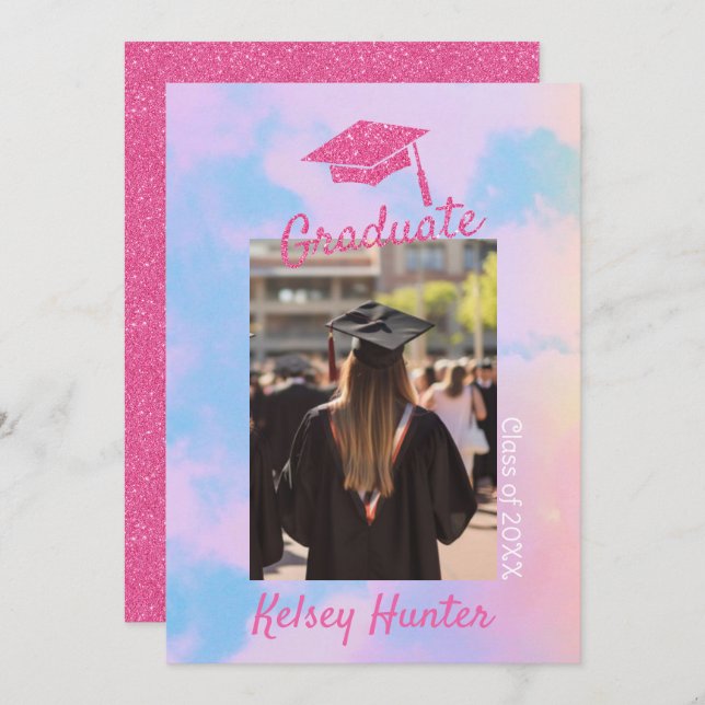 Pastel Clouds Graduation Era Lover Pink Glitter Announcement (Front/Back)
