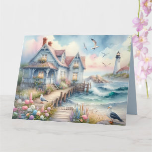 Pastel Coastal Cottage & Lighthouse, Personalize Card
