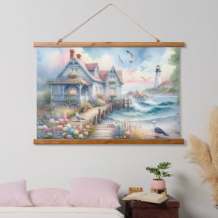 Pastel Coastal Cottage & Lighthouse Scene Hanging Tapestry