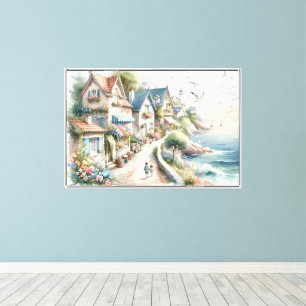 Pastel Coastal Cottage Village Escape Canvas Print