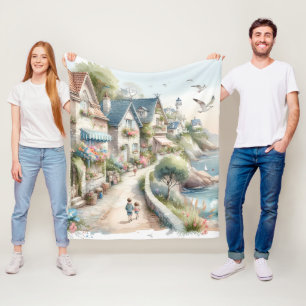 Pastel Coastal Cottage Village Escape Fleece Blanket