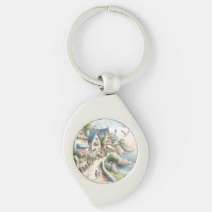 Pastel Coastal Cottage Village Escape Key Ring