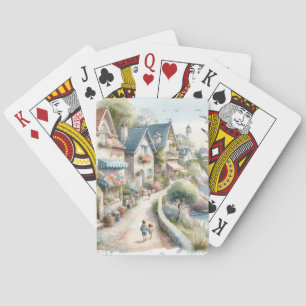 Pastel Coastal Cottage Village Escape Playing Cards