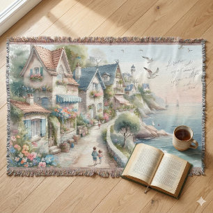 Pastel Coastal Cottage Village Escape Throw Blanket