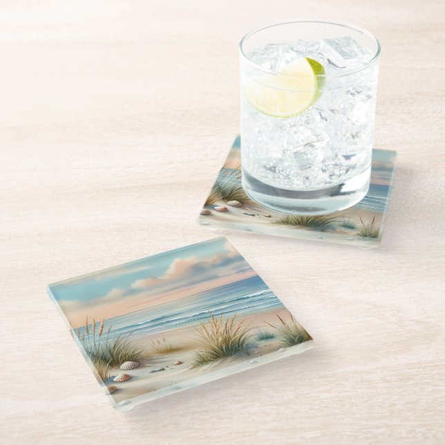 Pastel Coastal Dunes Watercolor Glass Coaster (Angled)