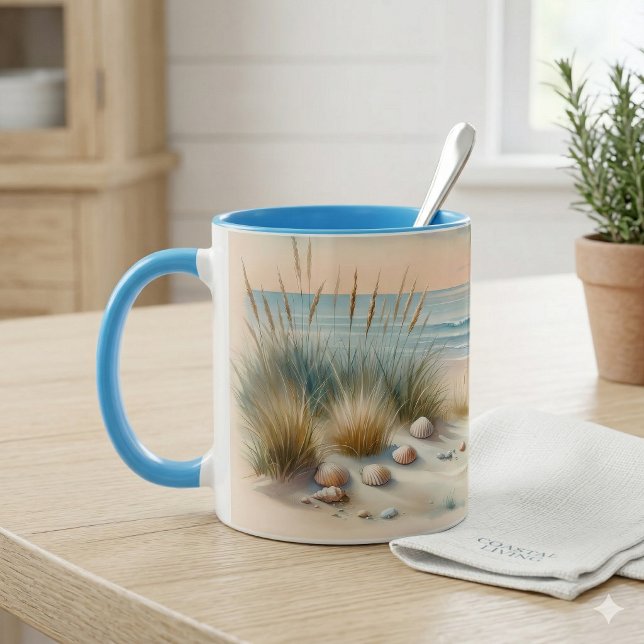 Pastel Coastal Dunes Watercolor Mug (Pastel Coastal Dunes Watercolor Mug On Kitchen Counter)