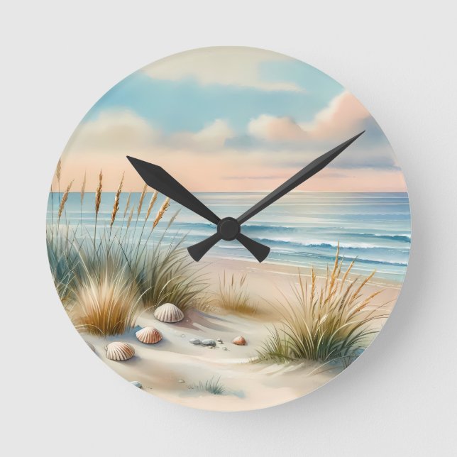 Pastel Coastal Dunes Watercolor Round Clock (Front)