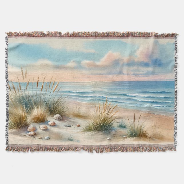 Pastel Coastal Dunes Watercolor Throw Blanket (Front)