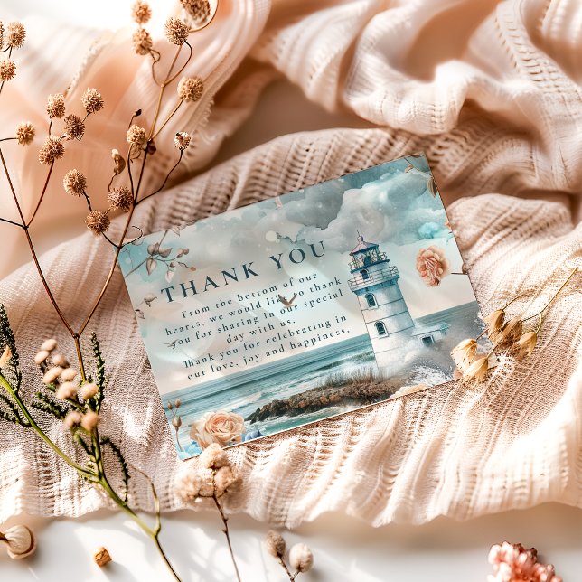 Pastel Coastal Lighthouse Ocean Wedding Thank You Card (Creator Uploaded)