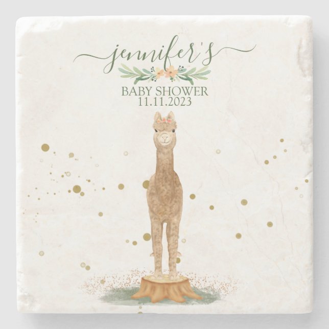 Pastel Color Watercolor Alpaca Baby shower Stone Coaster (Front)