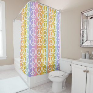 PASTEL COLORED STRIPES WHITE PEACE SYMBOLS SHOWER CURTAIN