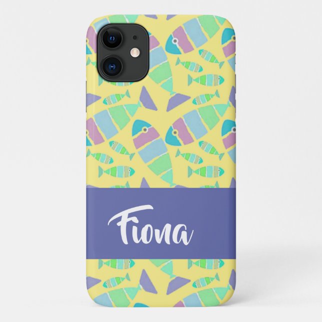Pastel colorful fishes on yellow Case-Mate iPhone case (Back)