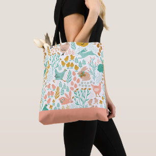 Pastel colors Easter Chickens Flowers Pattern Tote Bag