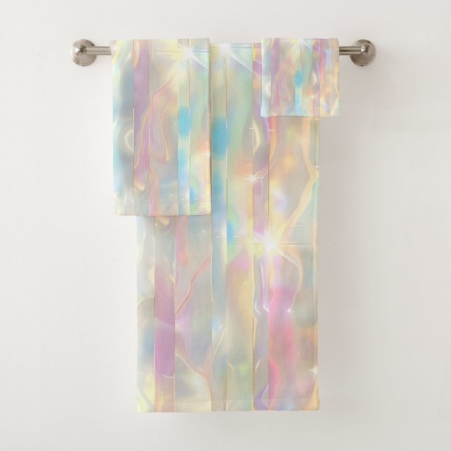 Pastel Colors Shimmering Iridescent Stripes Patter Bath Towel Set (Insitu)
