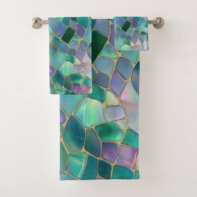 Pastel colors stained glass mosaic pattern bath towel set (Insitu)