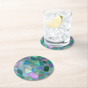 Pastel colors stained glass mosaic pattern round paper coaster
