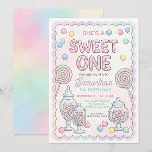 Pastel Colors Sweet One Candy Shop Birthday Invitation