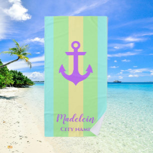 Pastel Colour Anchor Nautical Stripes Custom Name Beach Towel