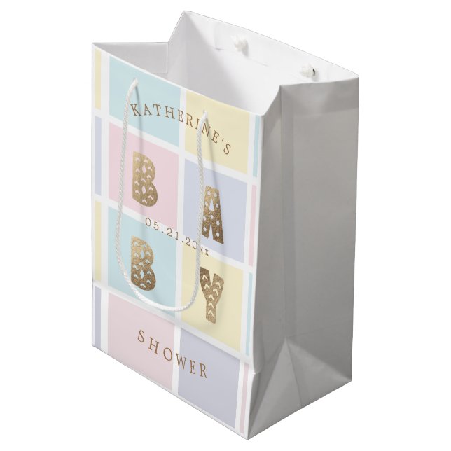 Pastel Colour Block Gold Baby Shower  Medium Gift Bag (Front Angled)
