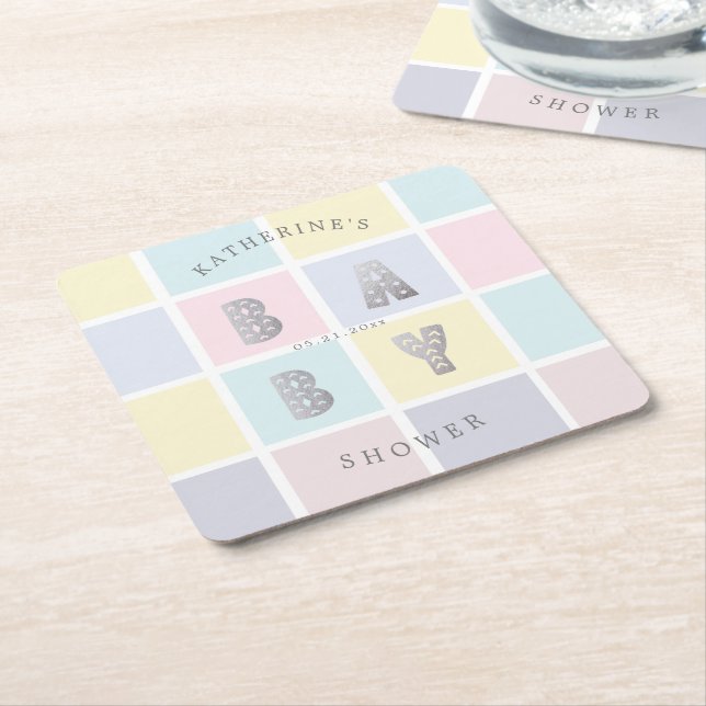 pastel colour block silver baby shower  square paper coaster (Angled)