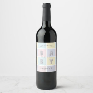 pastel colour block silver baby shower  wine label