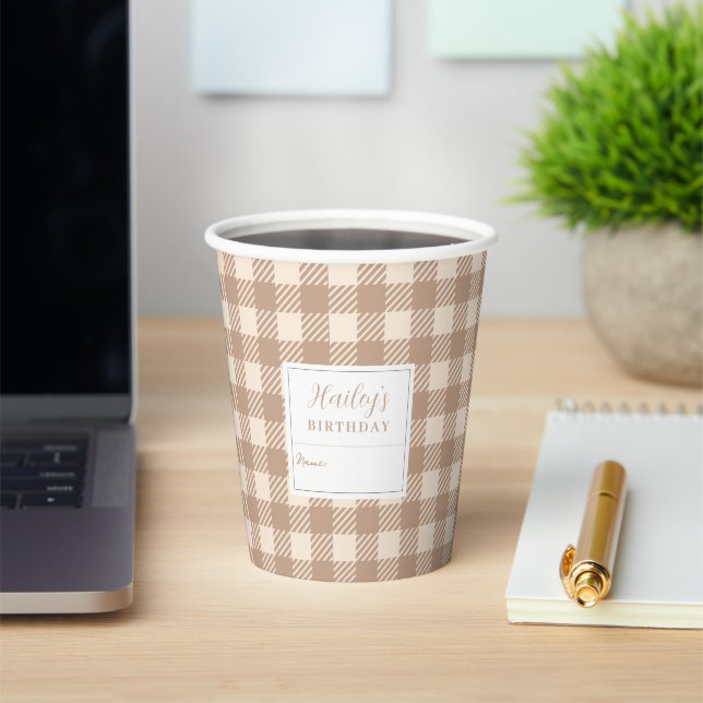 Pastel colour brown beige gingham plaid office paper cups (Insitu)
