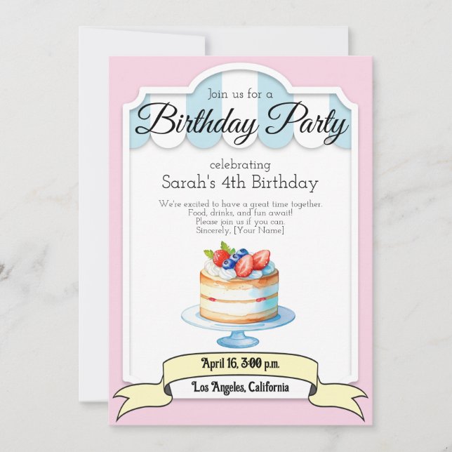 pastel colour cake, Birthday party invitation (Front)