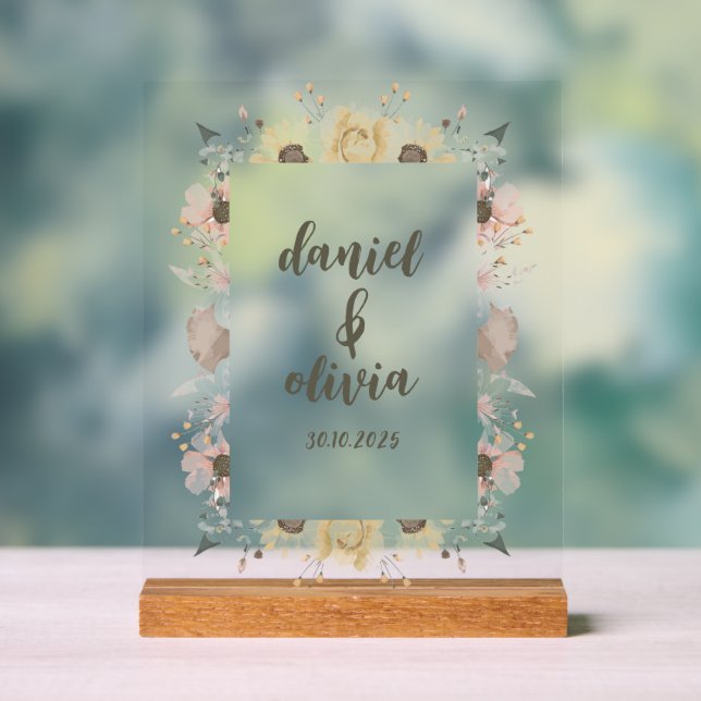 Pastel Colour Floral Wedding Acrylic Sign (Neutral)