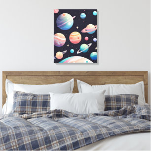 Pastel colour planets in dark space canvas print