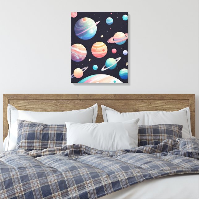 Pastel colour planets in dark space canvas print (Insitu(Bedroom))
