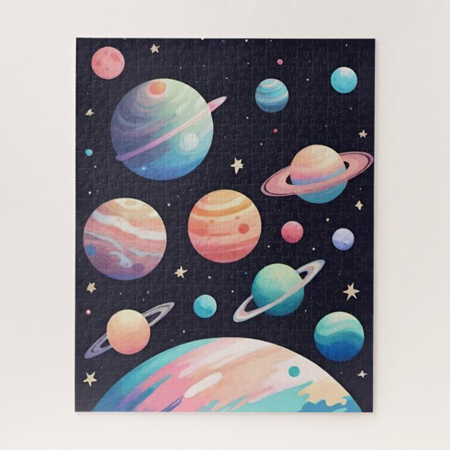 Pastel colour planets in dark space jigsaw puzzle (Vertical)