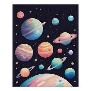 Pastel colour planets in dark space poster