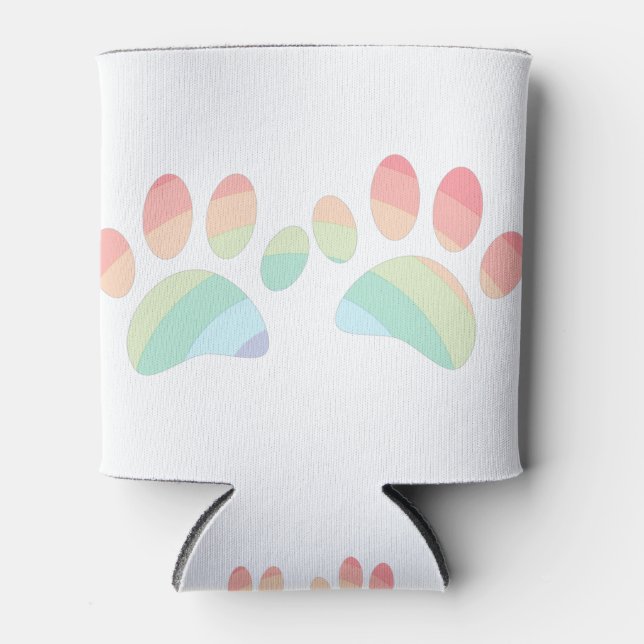 Pastel Colour Rainbow Dog Paw Prints Can Cooler (Front)