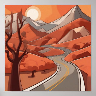 Pastel colour Retro Mountain Landscape Illustratio Poster