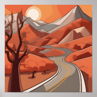 Pastel colour Retro Mountain Landscape Illustratio Poster